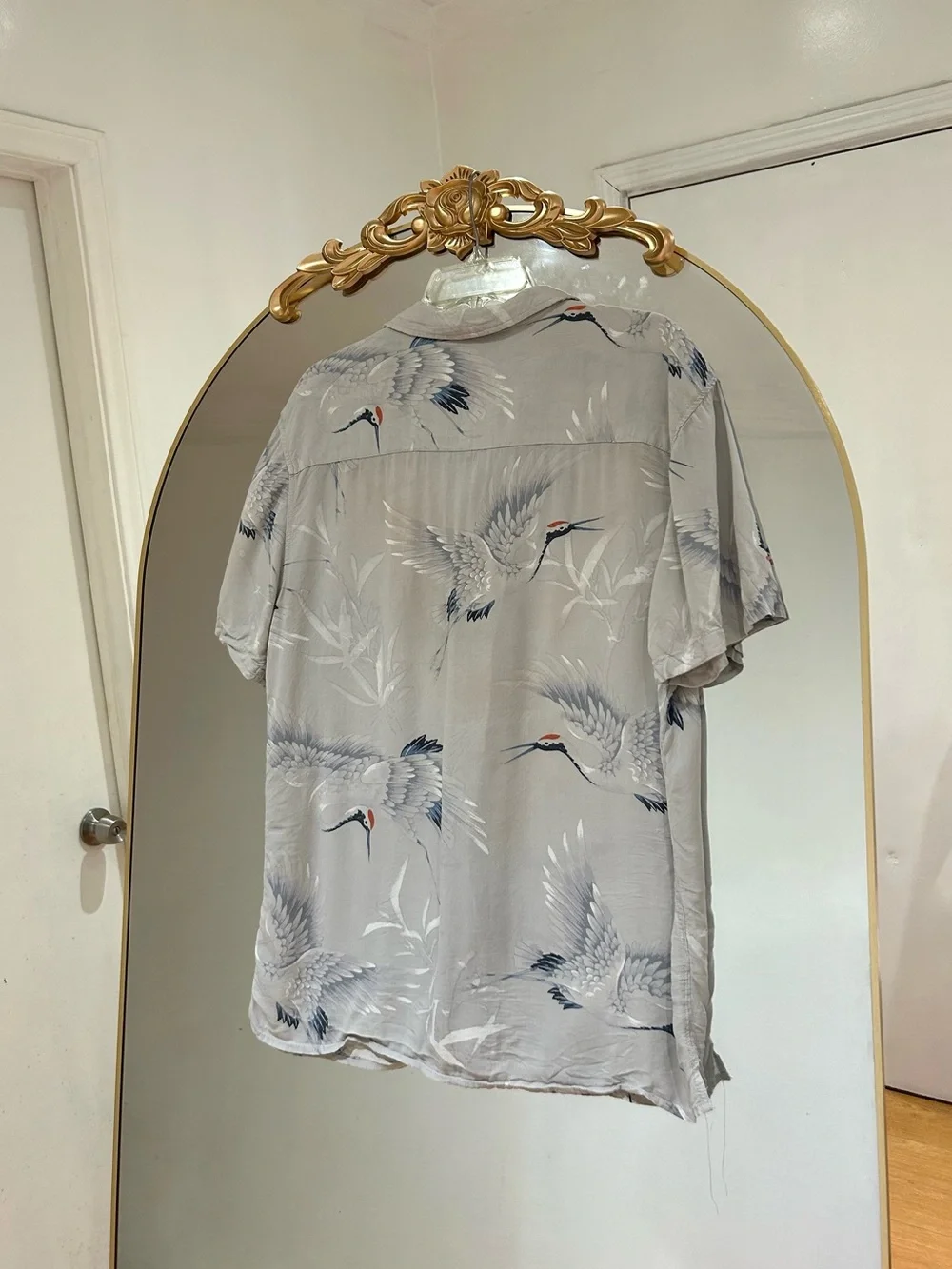 Vintage Remastered by Cotton On Gray Japanese Crane Print Short-Sleeve Shirt, S